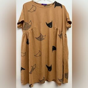 Romacci Peachy Tan and Black Abstract Cats Graphic Dress